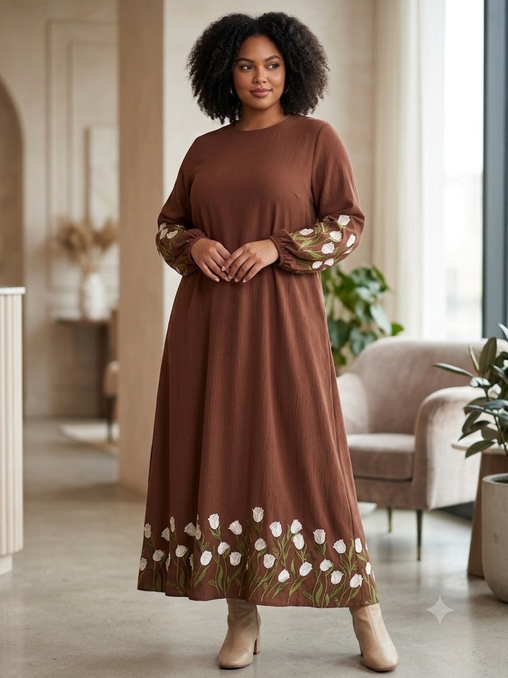 Ummah‎ boutique Brown Floral Embroidered Maxi Dress